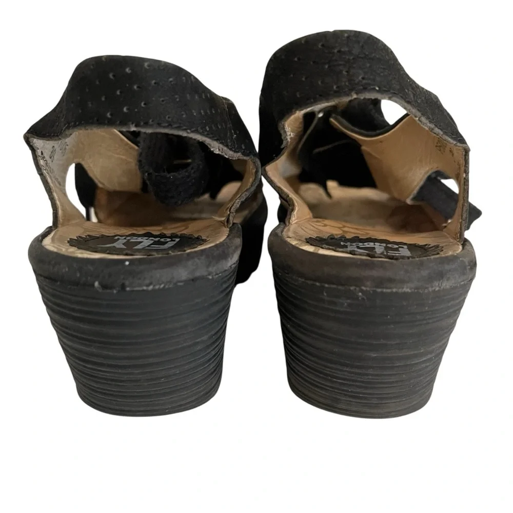 Fly London Black Perforated Leather Tie Yiva Wedge Sandal 39(8-8.5)